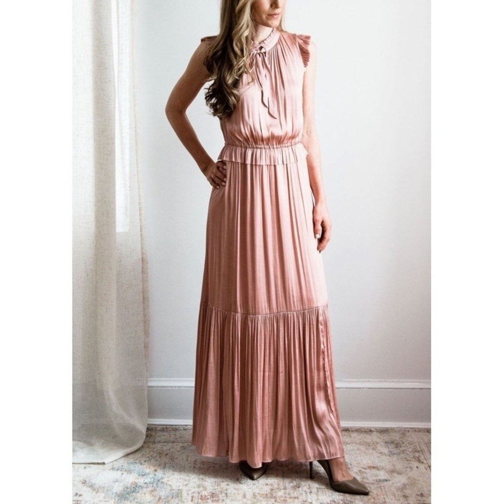 Banana Republic Womens Size 6 Pink Blush Satin Ruffle Flutter Sleeve Maxi Dress